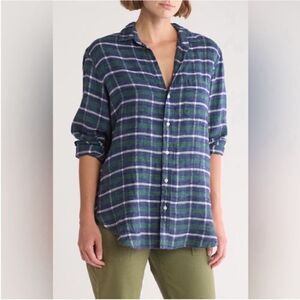 Frank & Eileen NWT Barry Plaid Boyfriend Shirt in Navy Plaid Size Small